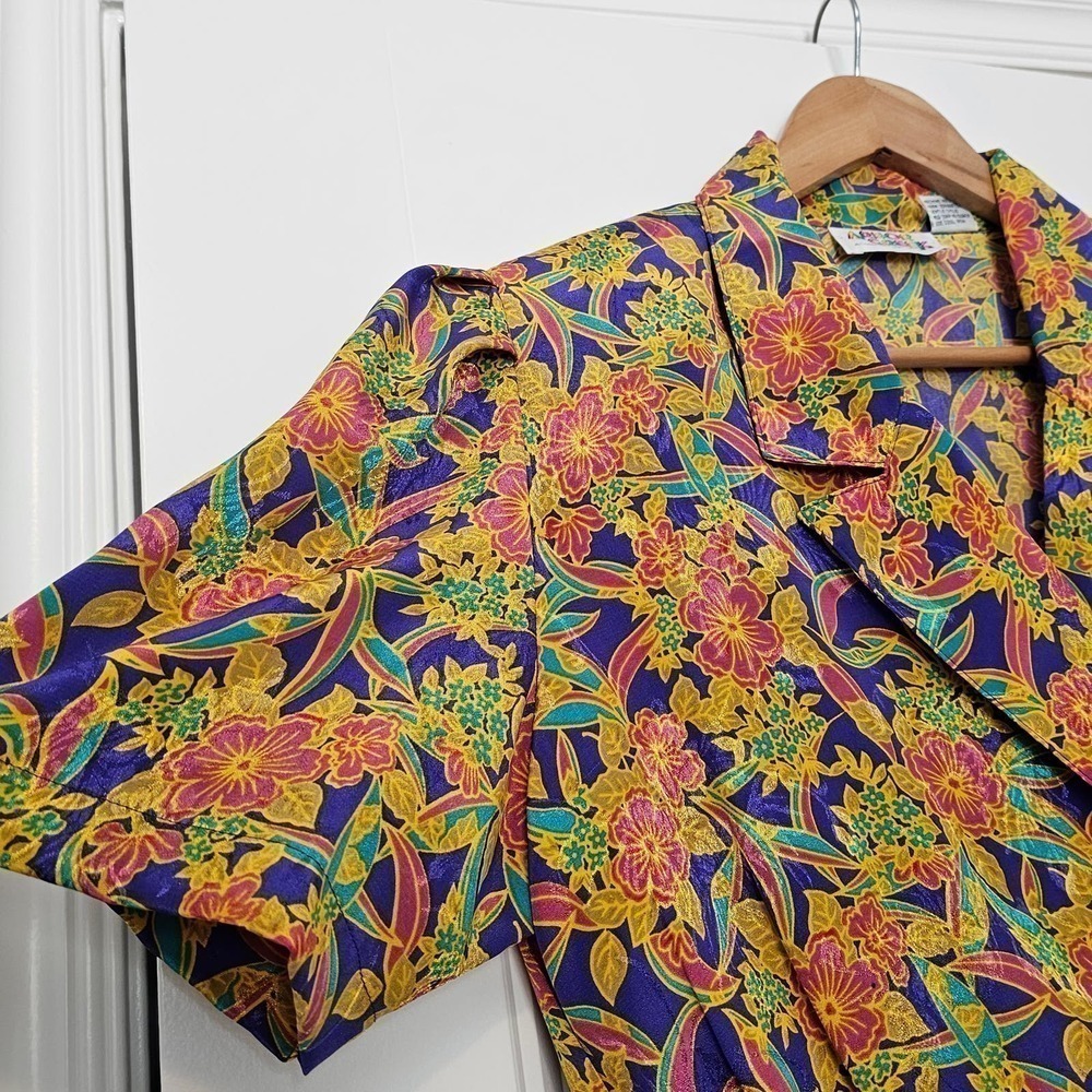 Vintage Arbor Creek Dress Size Large 80s Purple Yellow Floral Shirt Dress Midi - Picture 5 of 10